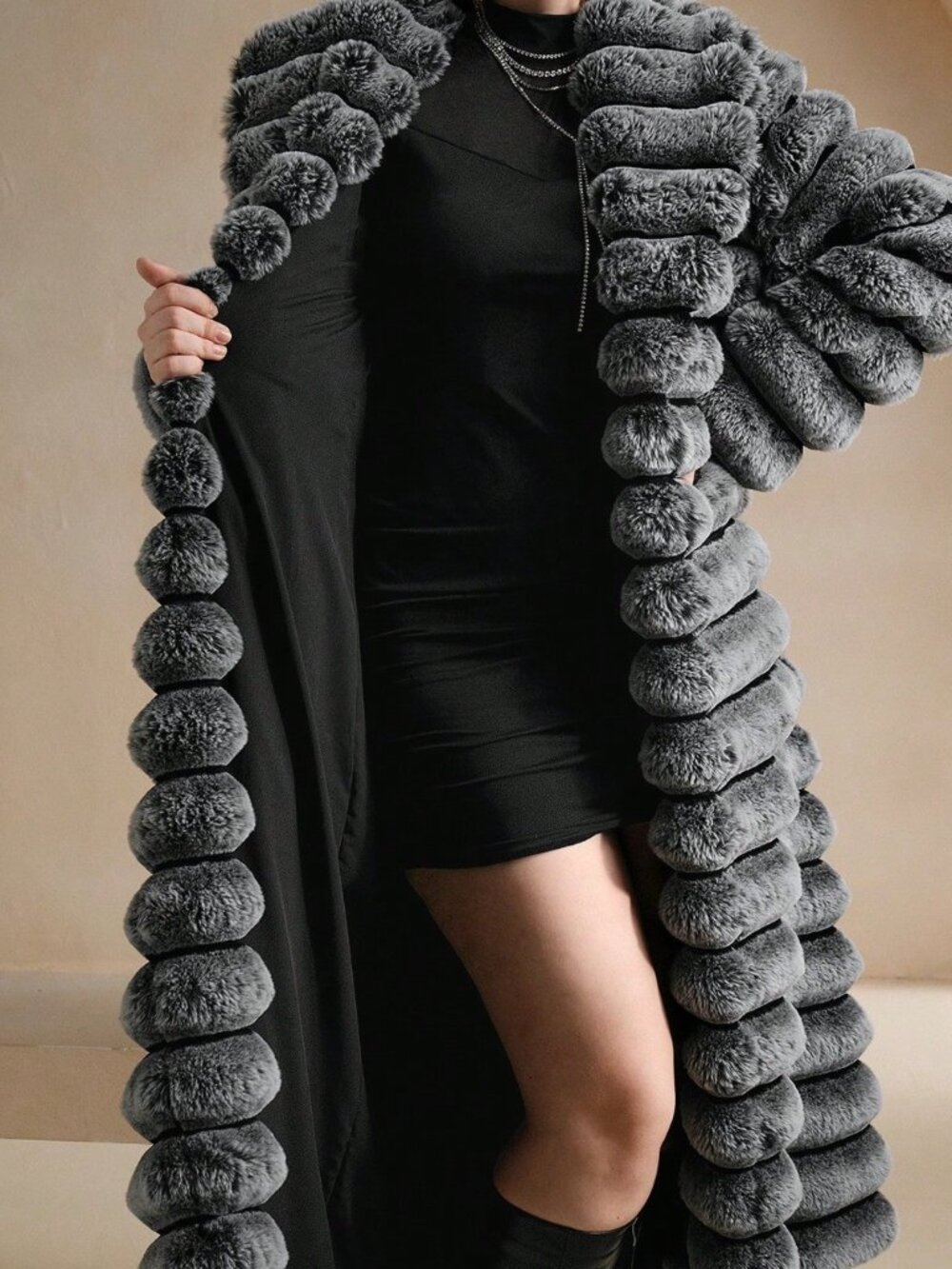 Black And White Plain Women's Fuzzy Single-Breasted Long Coat - Picture 4 of 8